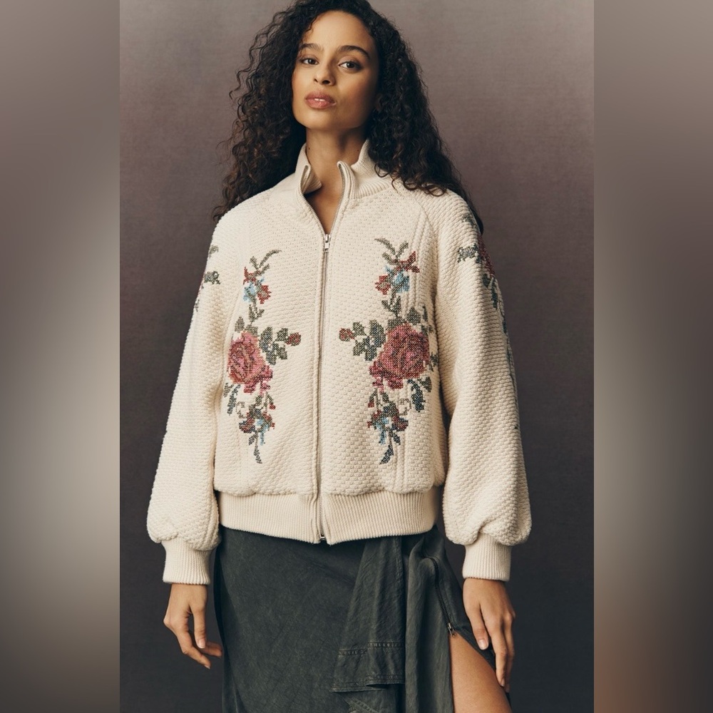 by Anthropologie Embroidered Bomber Sweater Jacket
